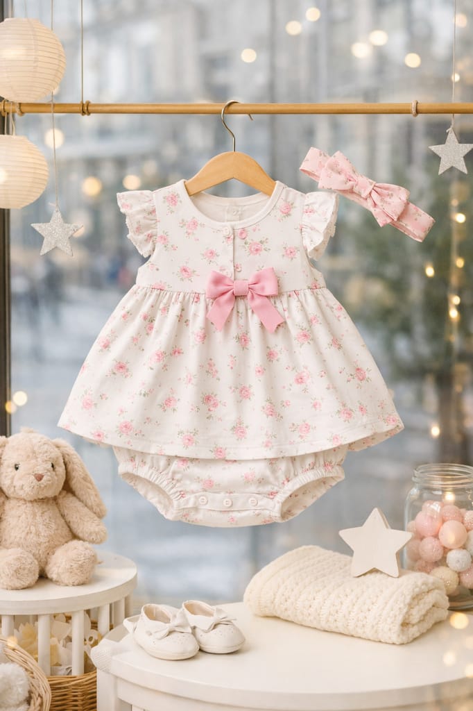 Baby Girls' Floral Cotton Dress Romper with Matching Bow Headband view 2