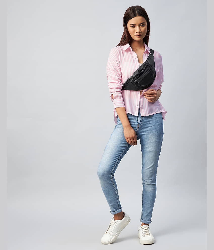 Chimpaaanzee Women Striped Viscose Shirt ( Pink ) view 2