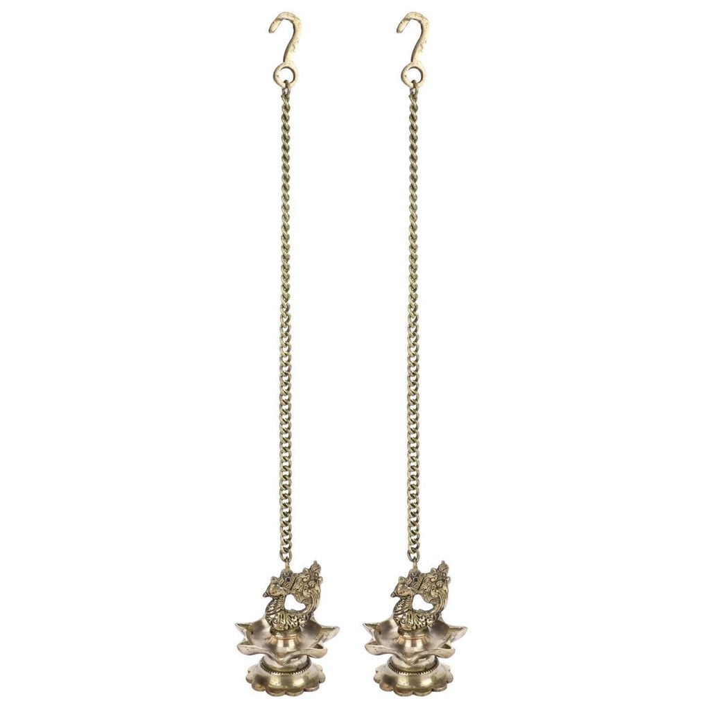 Artvarko Brass Hanging Peacock Diya Pair with Chain Deepak Deepam Hanger Large Oil Lamp 16 Inches view 2