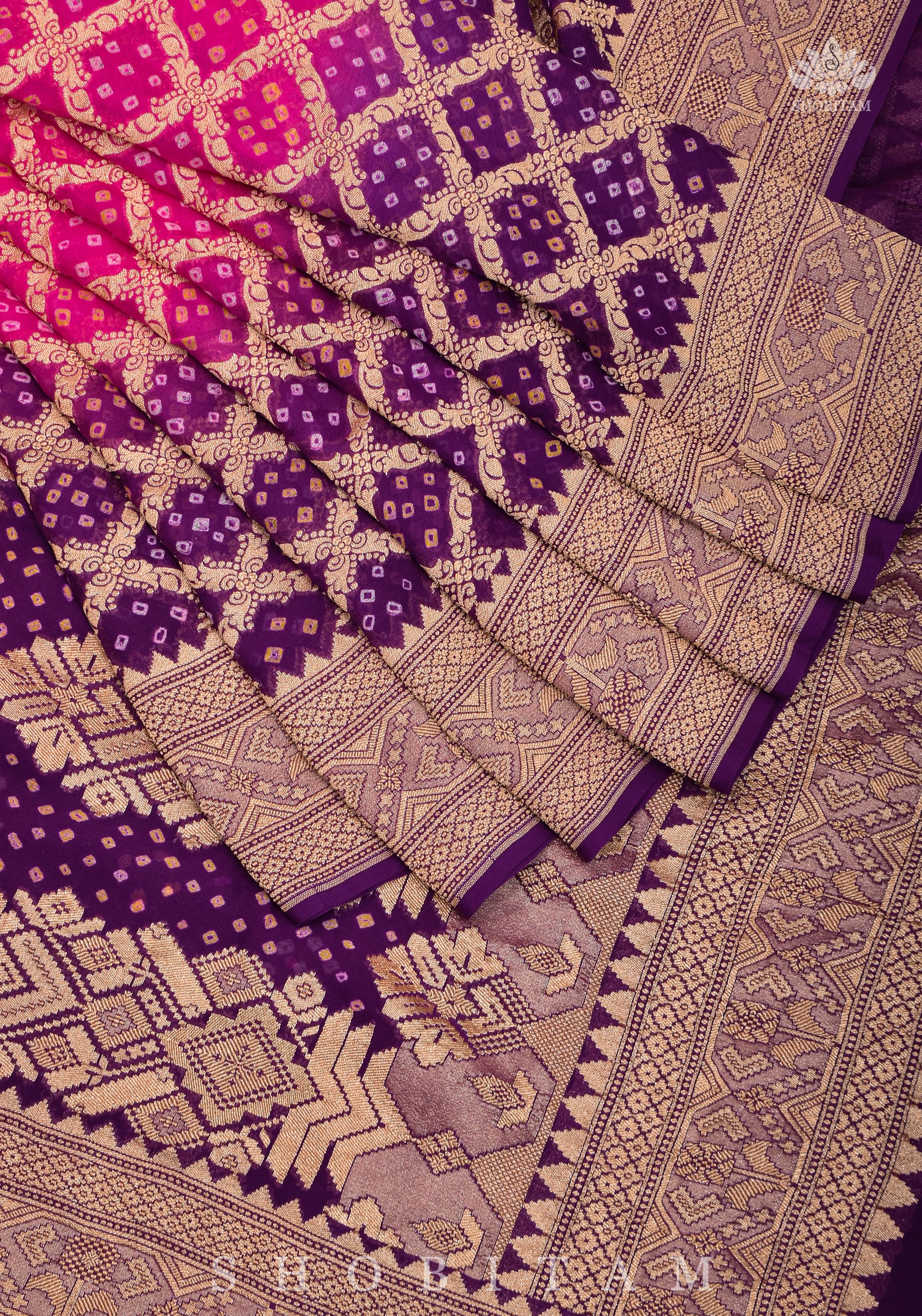 Ombre Purple-Pink Shades - Authentic Hand Bandhej Banarasi Silk Georgette Saree | SILK MARK CERTIFIED view 2