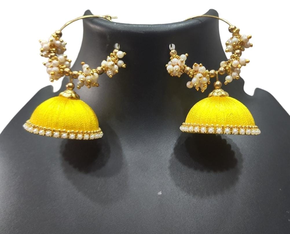 "Stunning Yellow Silk Thread Jhumka Earrings with Pearl Beads for Women" view 2