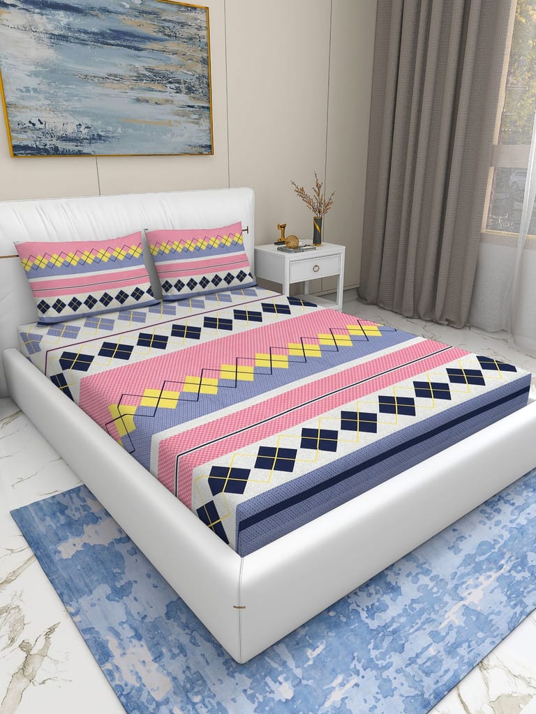 Quirky Home Rome Collection Premium Cotton Blend 180 TC Flat Double Wrinklefree Bedsheet with 2 Pillow Covers, Pink Diamond view 2