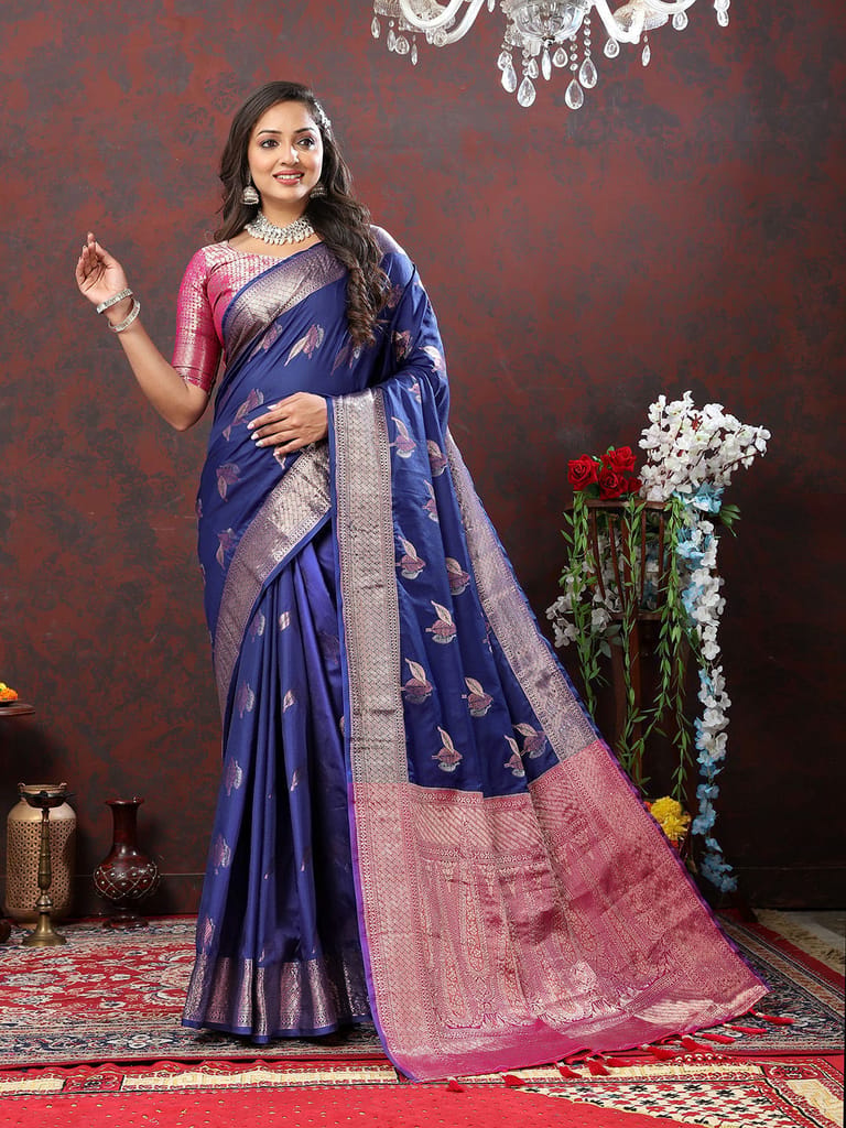 Navyblue Soft Silk Woven Design Zari Weaving Saree view 2