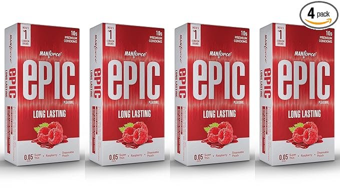 Manforce Epic Pleasure Long Lasting Premium Condoms for Men Super Thin Raspberry Flavour Disposable Pouch (10 Counts) x Pack of 4