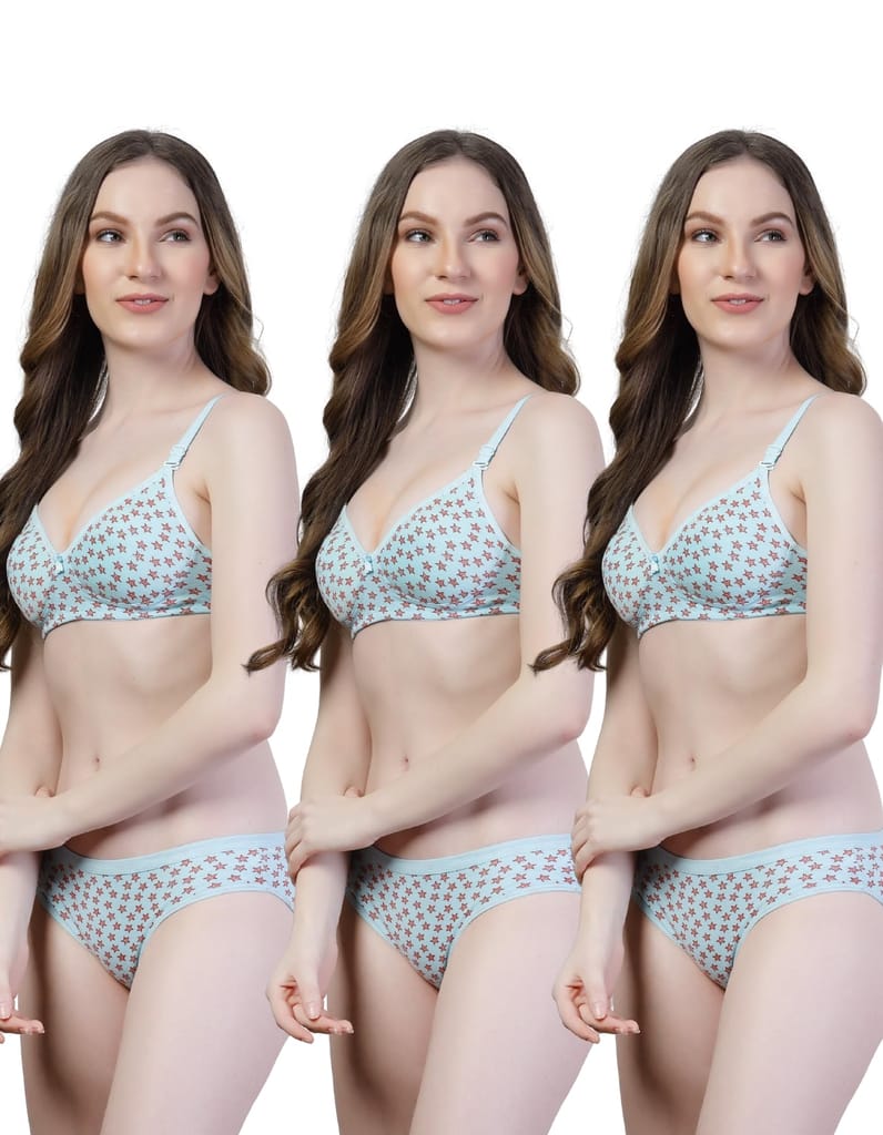 Ladies Bra Panty Set | Pack of 3 Padded Cotton Lingerie with Star Print | Stylish & Comfortable Innerwear for Daily Wear