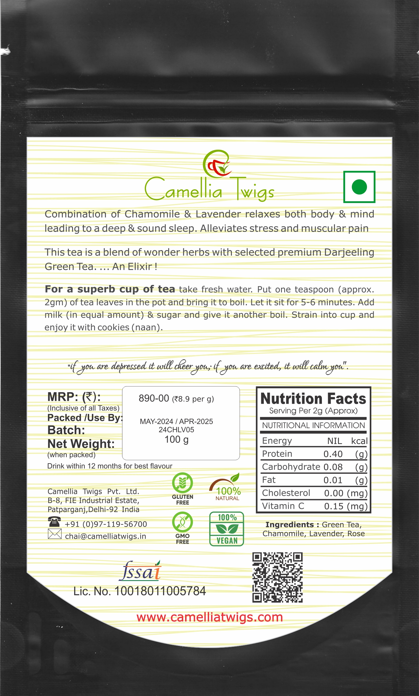Camellia Twigs Floral Symphony Green Tea | Rose, Chamomile & Lavender | 100% Natural Loose Leaf Tea | Soothing & Aromatic | 100gm Resealable Pouch view 2