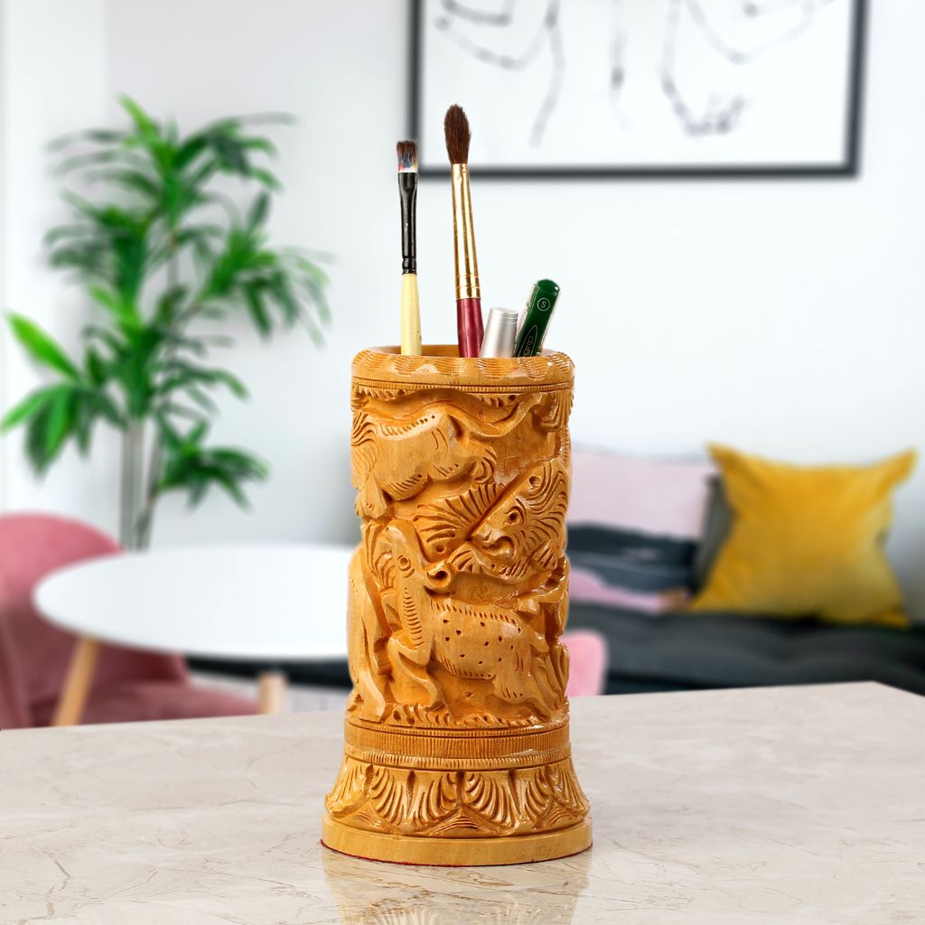 Tribes India Forest Animals Wood Carving Pen Stand view 2