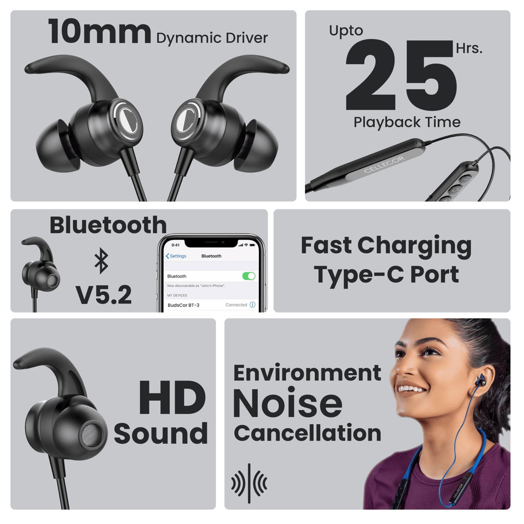 Cellecor Wireless Waterproof Neckband with 25 Hrs playtime Headphone Bluetooth - Black view 2