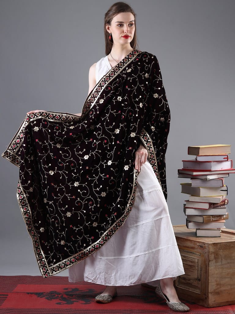 Deep-Wine Zari Embroidered Bail With Sequinned Flowers and Multicolour Thread Kite On Velvet Dupatta From Amritsar view 2