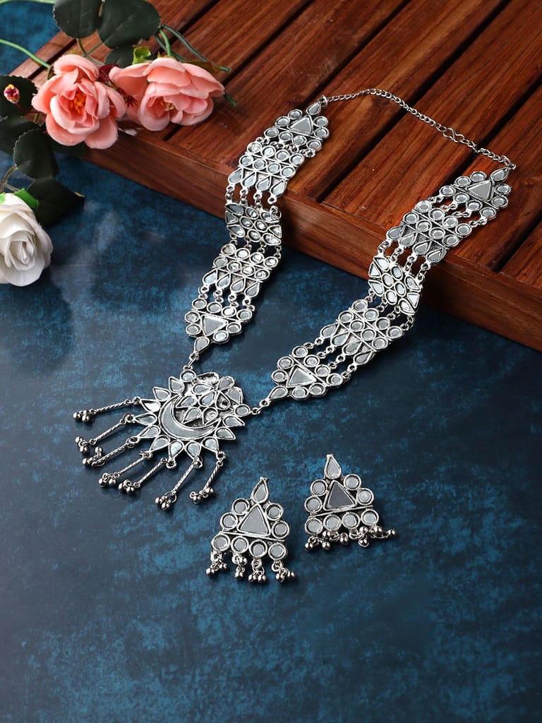 Cardinal Mirror Oxidized Silver Color Long Necklace Set view 2