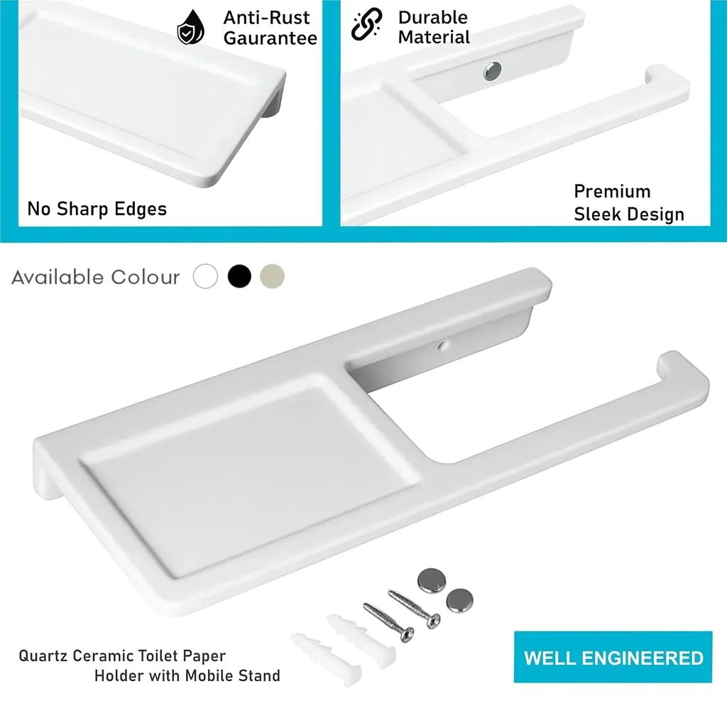 White Toilet Paper Holder with Mobile Stand Quartz Ceramic (RW-125) view 2