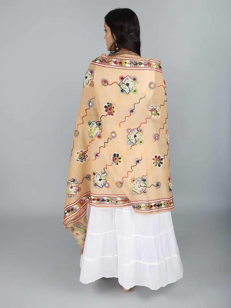 Beige Printed Dupatta from Kutch with Hand-Embroidered Florals and Mirrors view 2