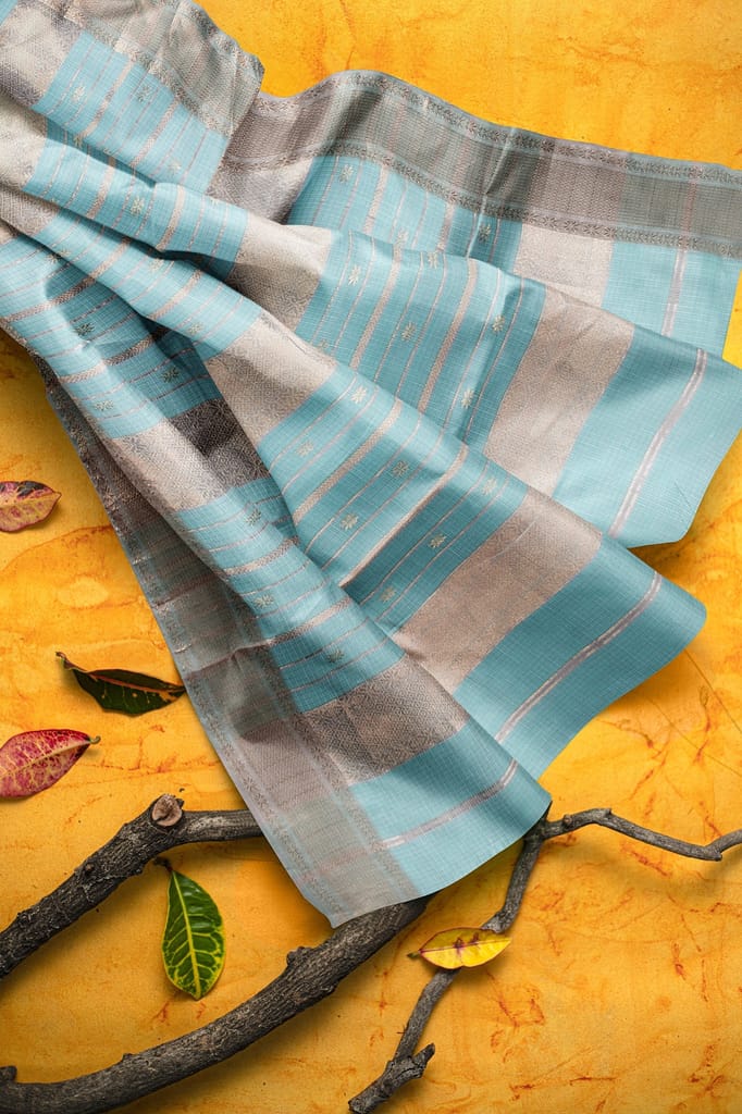 Turquoise Blue Handwoven Sausar Silk with Zari Border Saree SKU-BS10051 view 2