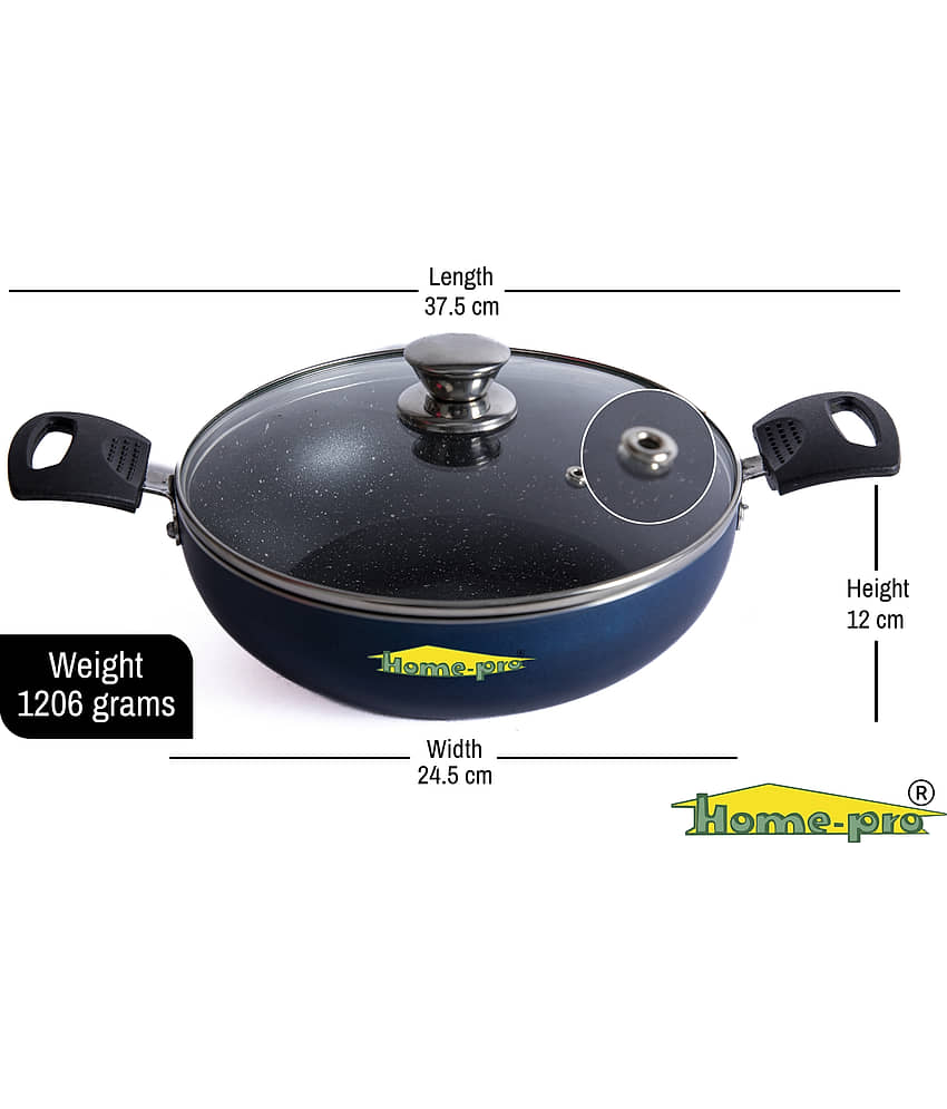 HomePro - Non-stick premium Kadai / kadhai with glass lid, , 4 Layer Coating 3mm thick, Diameter 24.5cm PFOA free and food grade, Gas Stove and Induction compatible, Blue view 2