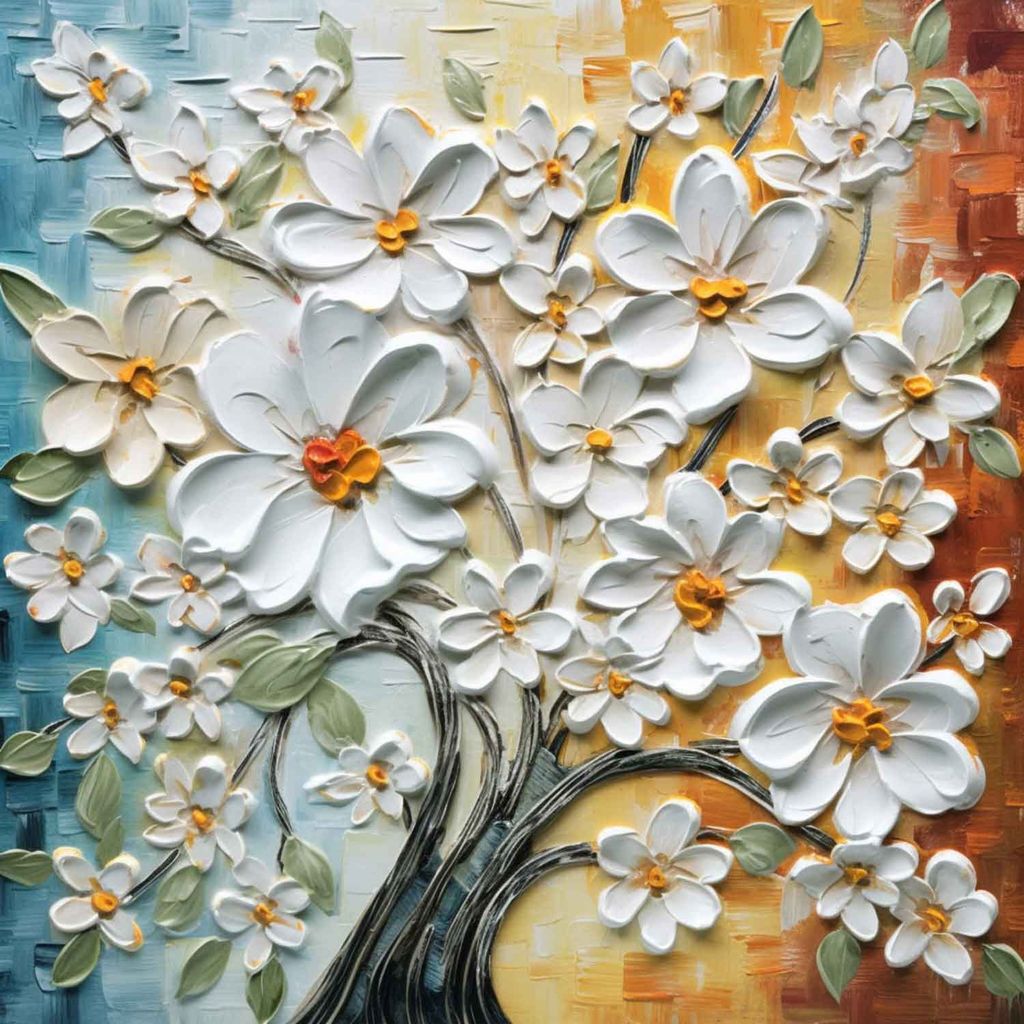 TEXTURED WHITE FLORAL TREE PAINTINGS 24in X 24in WITH BLACK FRAME view 2