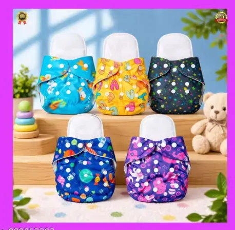 Baby Printed Reusable Cloth Diaper Pack of 5 Washable Soft Adjustable Nappy Set