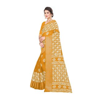 Yellow Colour Ethnic Modif Printed Cotton Saree With Blouse Piece view 2