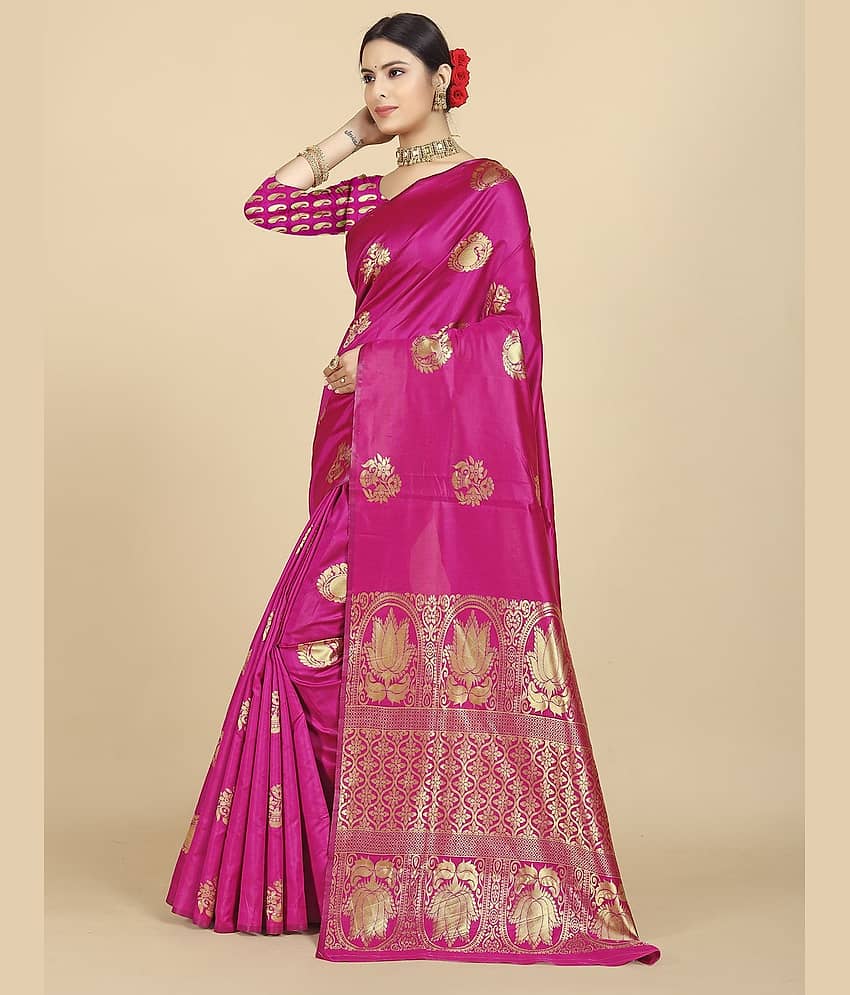 BLEESBURY Banarasi Silk Self Design Saree With Unstitched Blouse Piece ( Pink ) view 2