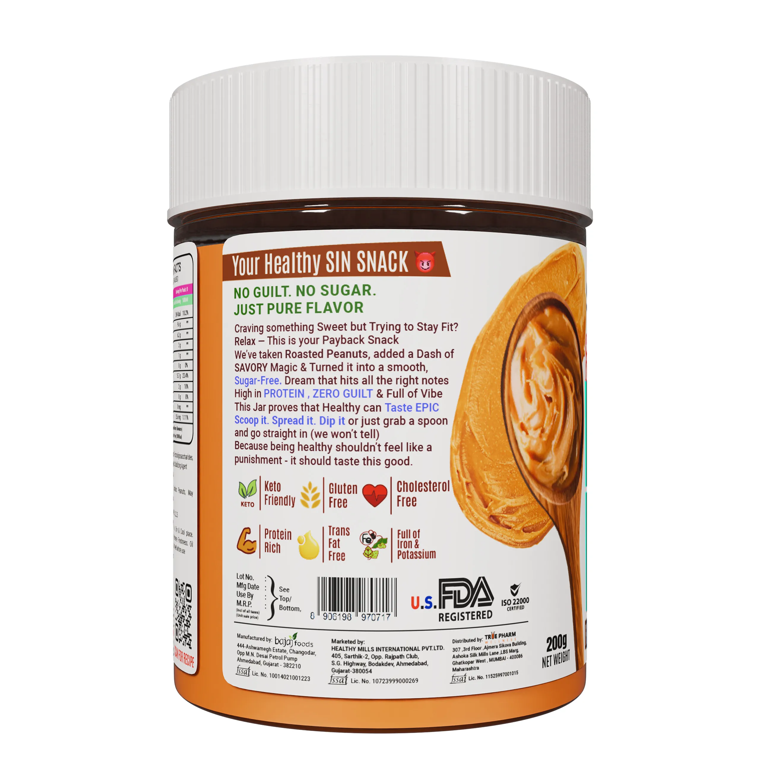 SAVORY Original Smooth Peanut Butter (Sugar-Free) with Added Whey | High in Protein | No Added Sugar, Energy Booster, Gluten-Free & Keto Friendly | Cholesterol & Trans-fat Free | Healthy Protein Rich Spread (200g) view 2