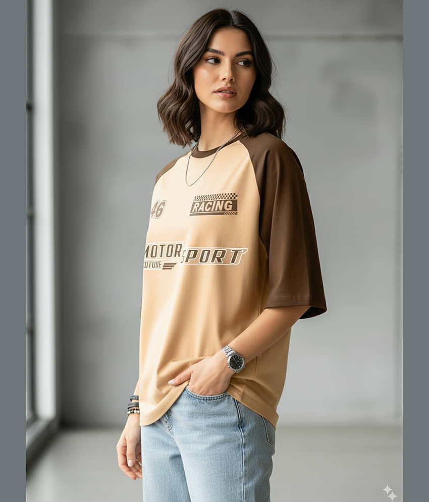 Leotude Women Cotton Blend Oversized Fit Round Neck T-Shirt ( Beige ) view 2