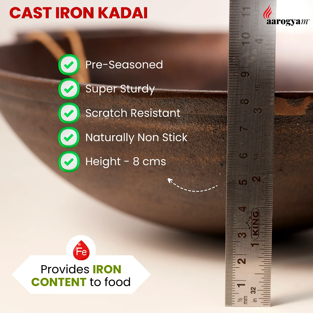 Aarogyam Cast Iron Double Handle Round Loha Kadai, 9 inch Diameter (23 cm), Pre-Seasoned, Naturally Non-Stick,Toxin-Free, Compatible With Gas Stove- Perfect For Deep Frying Weight : 2.3 Kg (Colour - Black) by Aarogyam - The Cast Iron Shop view 2