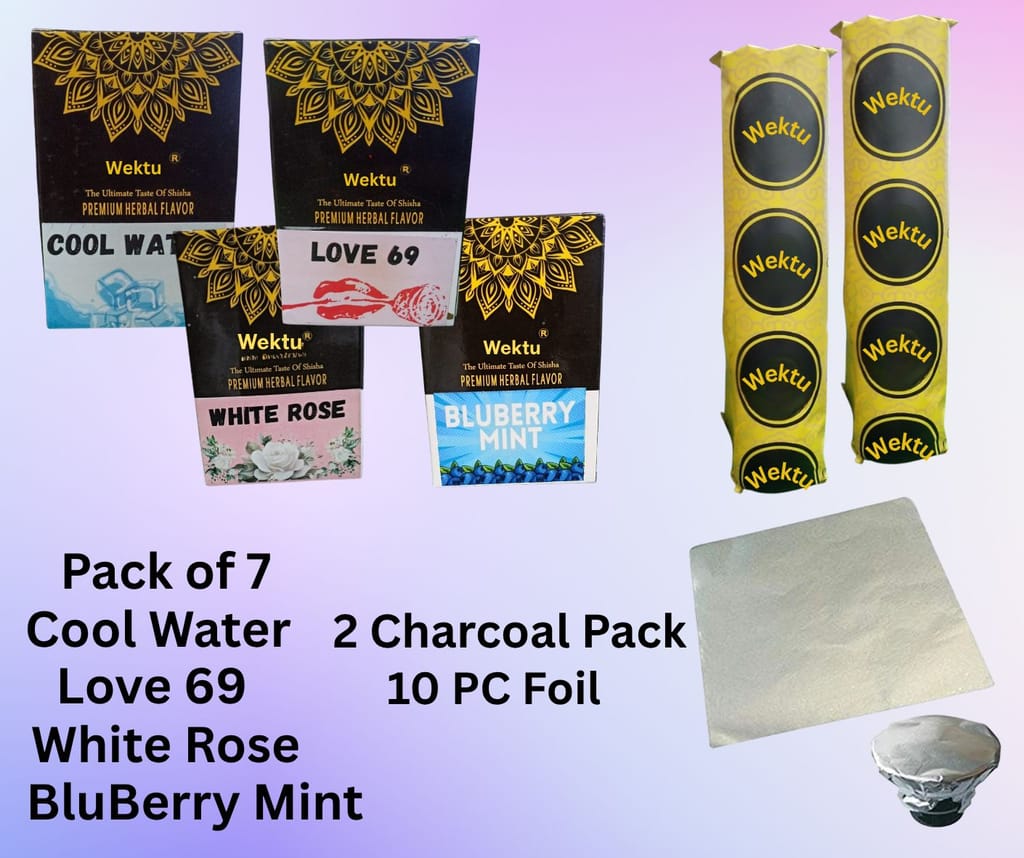 Wektu Premium Herbal Shisha Flavors -4 Packet/Cool Water/ Love 69/ White Rose/Blue Berry/ 2 Roll Charcoal/10 Foil/1 view 2