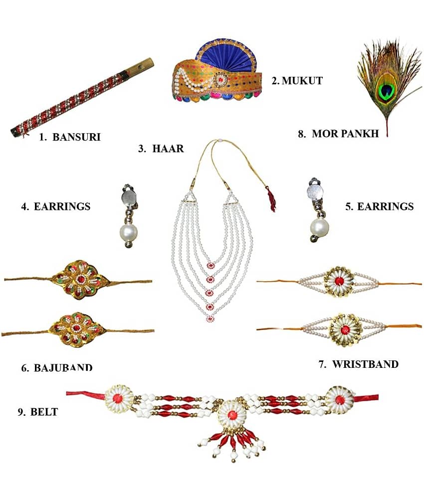 Kaku Fancy Dresses Krishna Costume for Kids Infant Baby Krishna Dress for Boys (Set of 11 - Red Dhoti, Patka(Stole), Belt, Fabric Mukut, Layer Pearl Mala, Moti Bajuband, Earrings, Bansuri & Morpankh) view 2