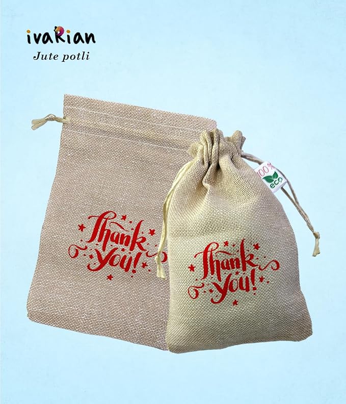 Ivarian - potlis for return gifts, jute potli bags, Drawstring Potli pouches, Birthday, Wedding return gift (10x14cms, Thankyou 2, Set of 25) view 2