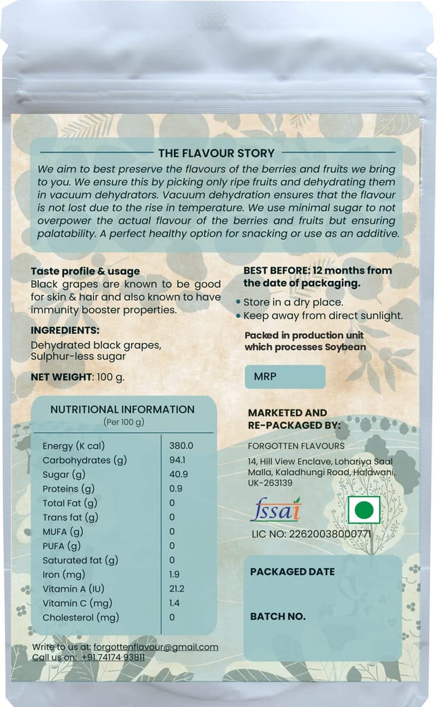 Forgotten Flavours Dehydrated Black Grape | Dried Grape Fruit | Vacuum Dehydrated | No Artificial Preservatives or Color | No Added Sulphur view 2