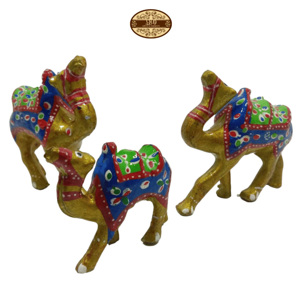 Handcrafted Paper Mache Camel Family Figurines, Set of 3, Golden view 2