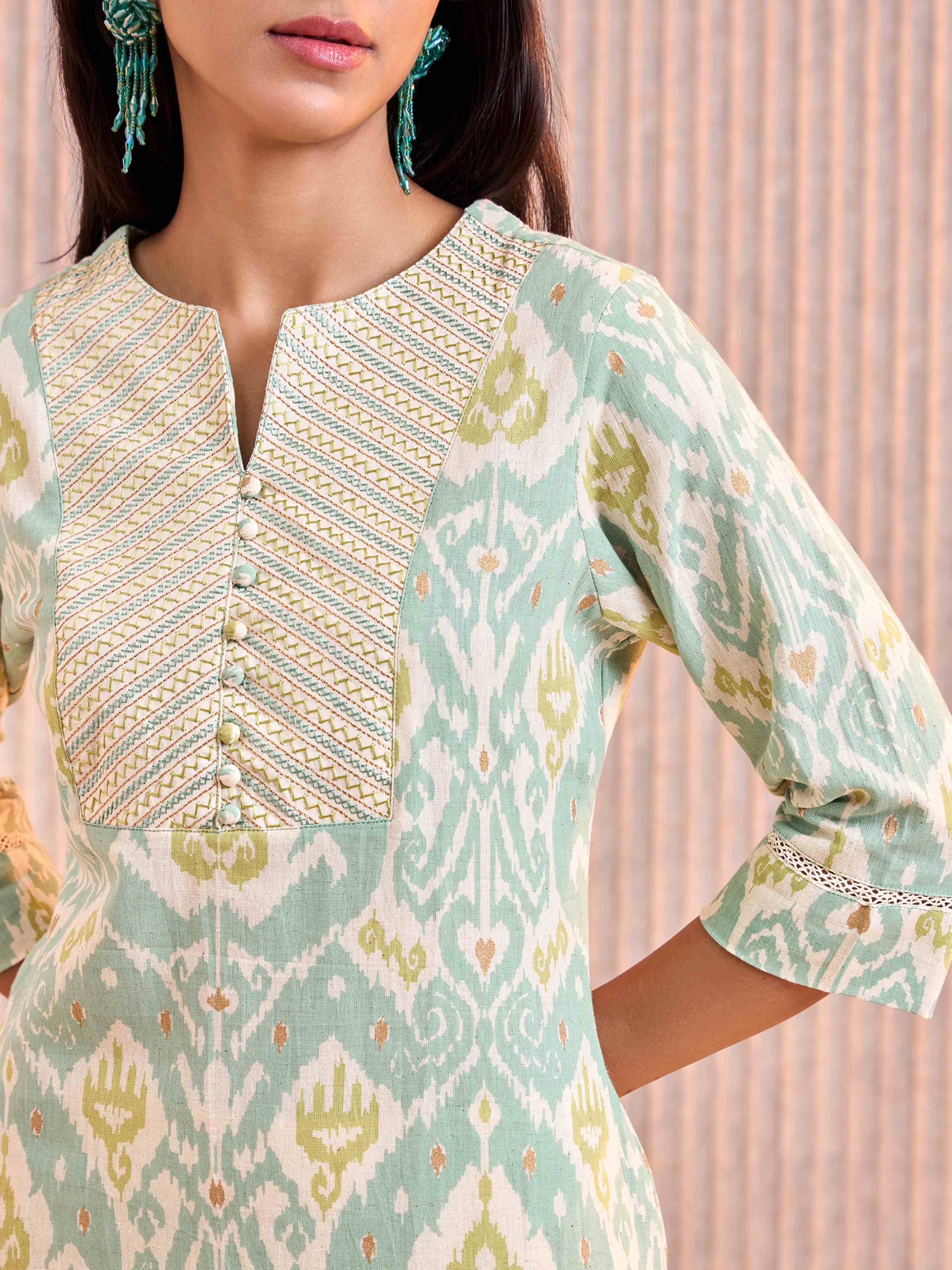Aqua Green Cotton Flax Printed Kurti With Lace & Embroidery view 2