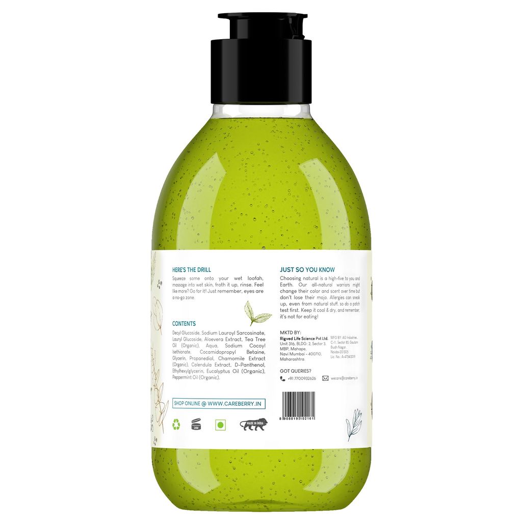 Careberry Organic Tea Tree & Eucalyptus Oil Shower Gel, For Daily Detox, Ayush Certified Ayurvedic, Sulphate & Paraben Free 300ml view 2