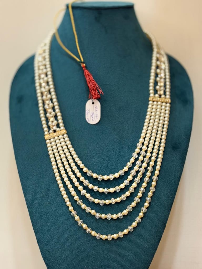 royal 5-layerd white moti pearl necklace with clear crystal beads and gold stone bars view 2