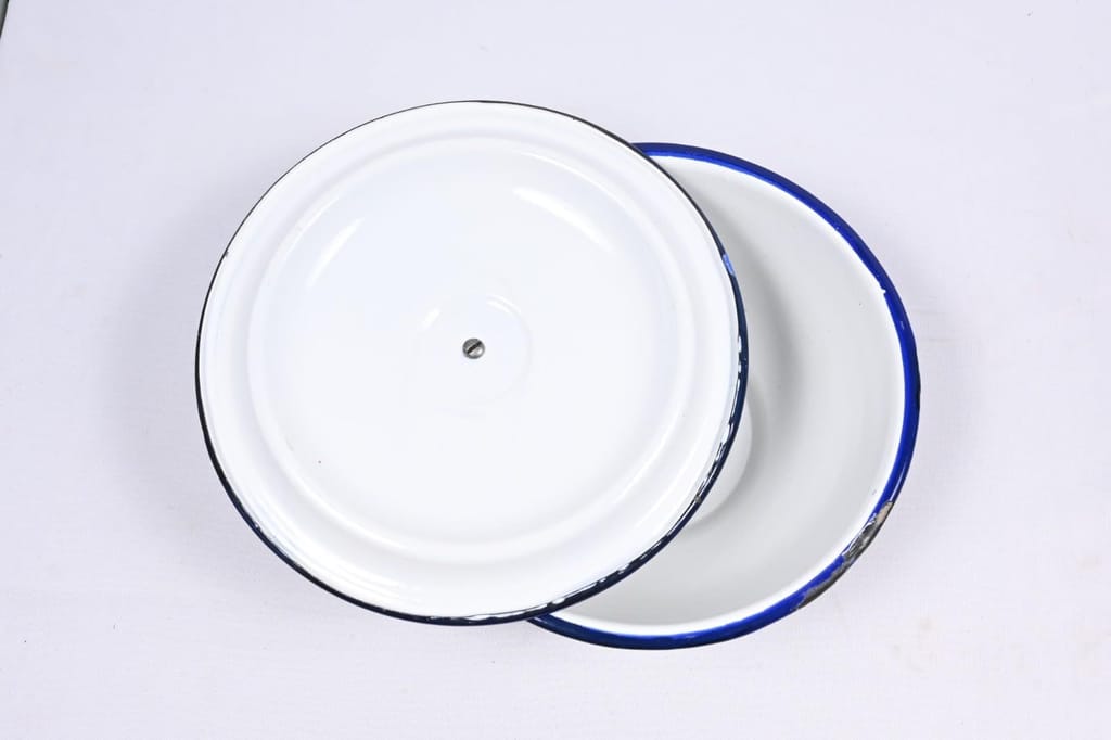 Vintage White Enamelware Bowl with Lid and Floral Design view 2