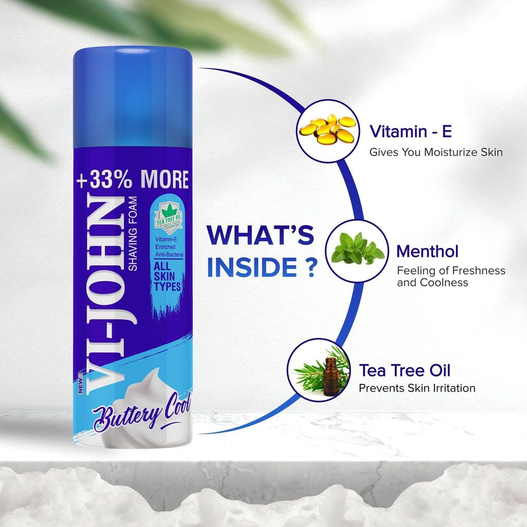 VI-JOHN Shaving Foam For All Skin Types With Tea Tree Oil, Vitamin E & Bacti Guard Formula 400 GM Each | Pack Of 3 1200 G view 2