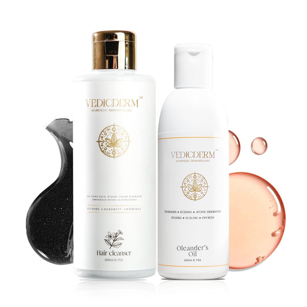 VEDICDERM Oleander's Oil and Bamboo Charcoal Shampoo Duo for Psoriasis, Eczema, Skin and Scalp Relief, 200g Each