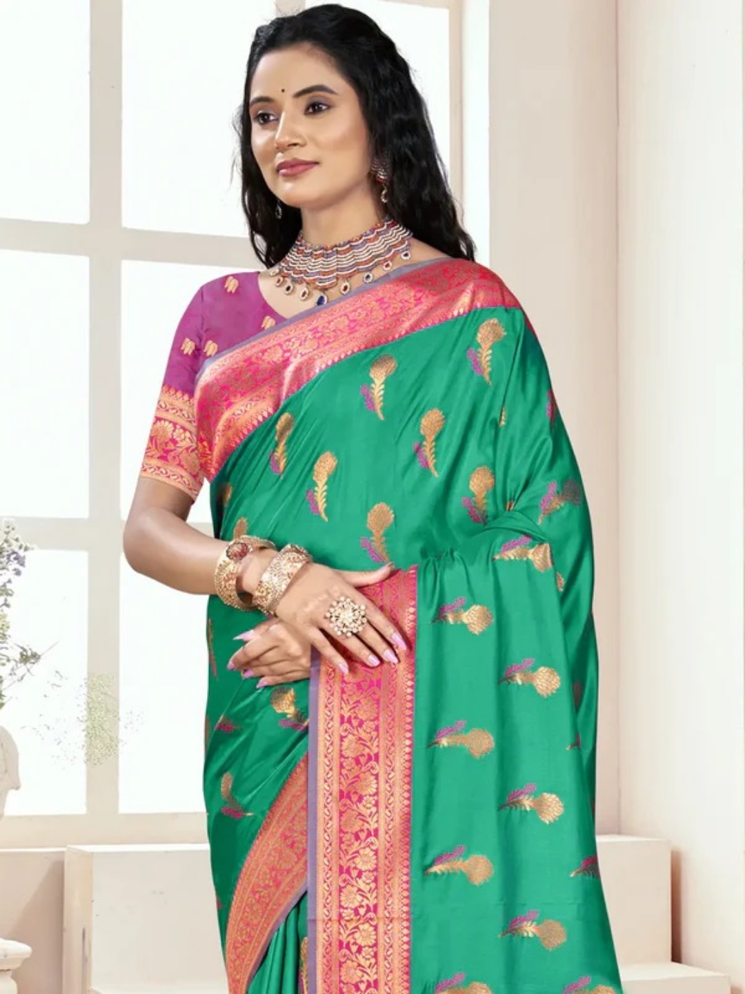 Pista Green Silk Saree view 2