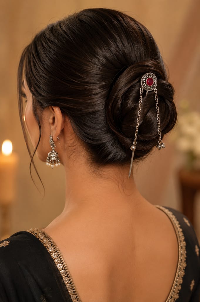 Traditional Oxidised Silver Juda Stick with Red Stone & Dual Chain Tassel Hair Pin for Women view 2