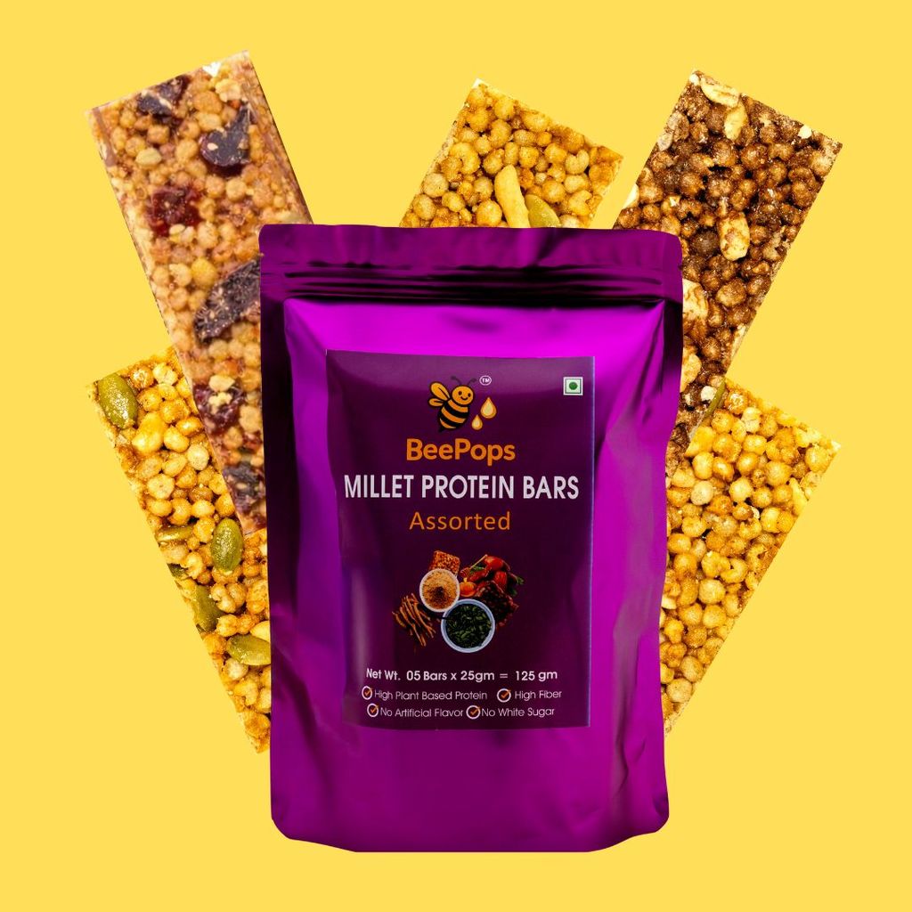 BeePops Super Savor Assorted Millet Protein Bars – 5 Bar Family Pack (5 Variants × 1 Each | 25g Per Bar)