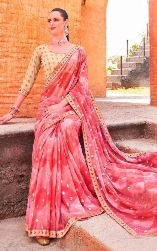 Multicolor Color Sparkle Chiffon Saree With Embroidery Border And Fancy Resham Embroidery Blouse Piece view 2
