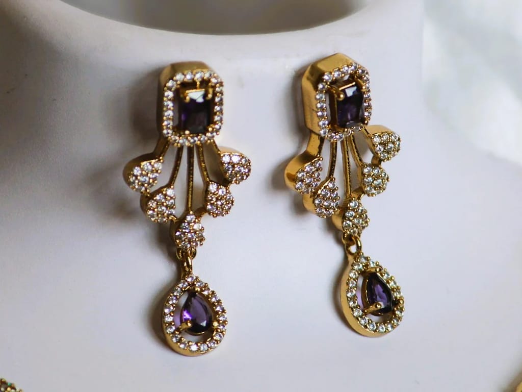 Gold Plated Kundan and Pearl Drop Earrings with Purple Stones view 2