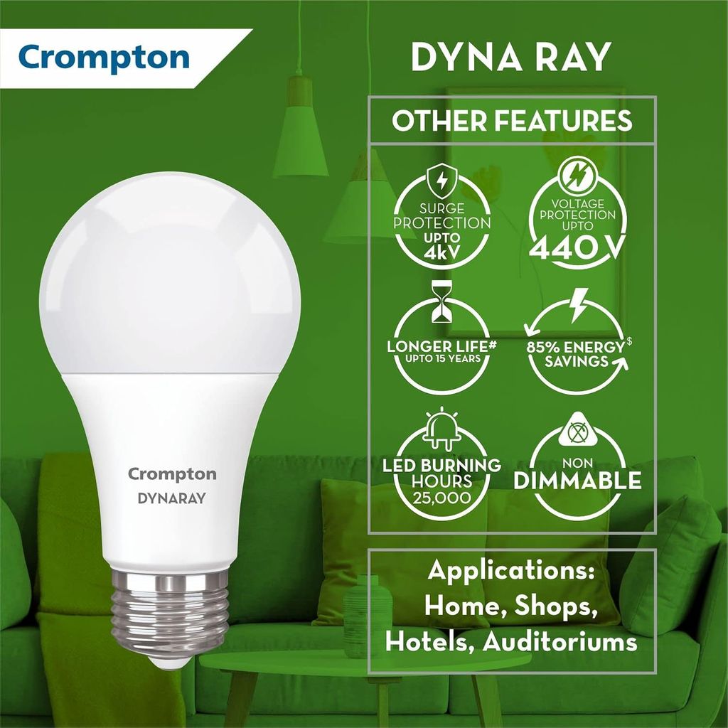 Crompton Dyna Ray 9W LED Bulb | Cool Day Light | B22 Base | 180 Coverage | 4kV Surge Protection | Pack of 10 view 2
