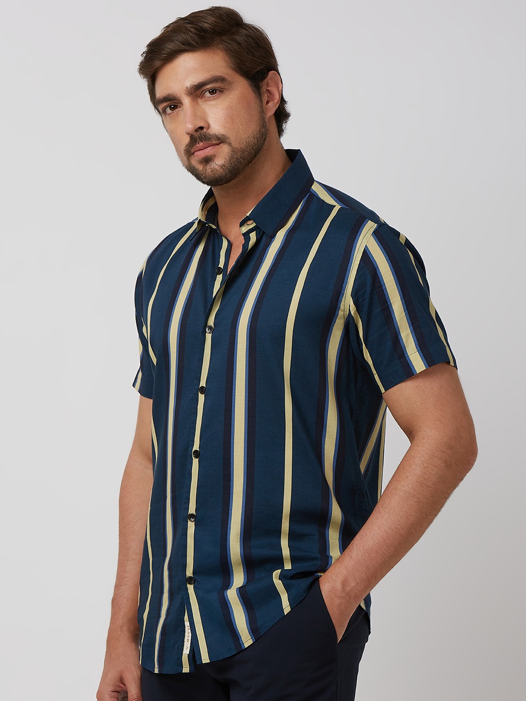 Navy Wide Stripe Slim Fit Casual Shirt view 2