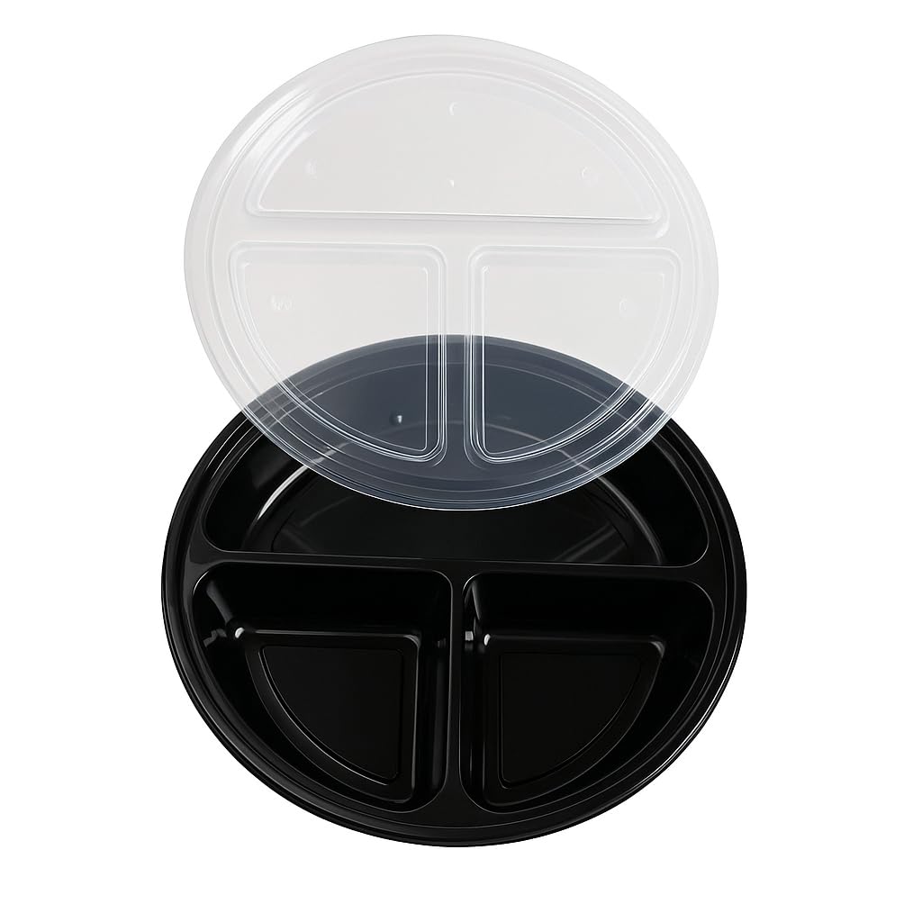 Divatos 3CP Meal Tray with LID Black | Microwave & Fridge Safe | Reusable 3 Compartment Plates for Dinner Lunch | BPA Free Food Grade | Restaurants & Cloud Kitcken Food Delivery (Set of 25)