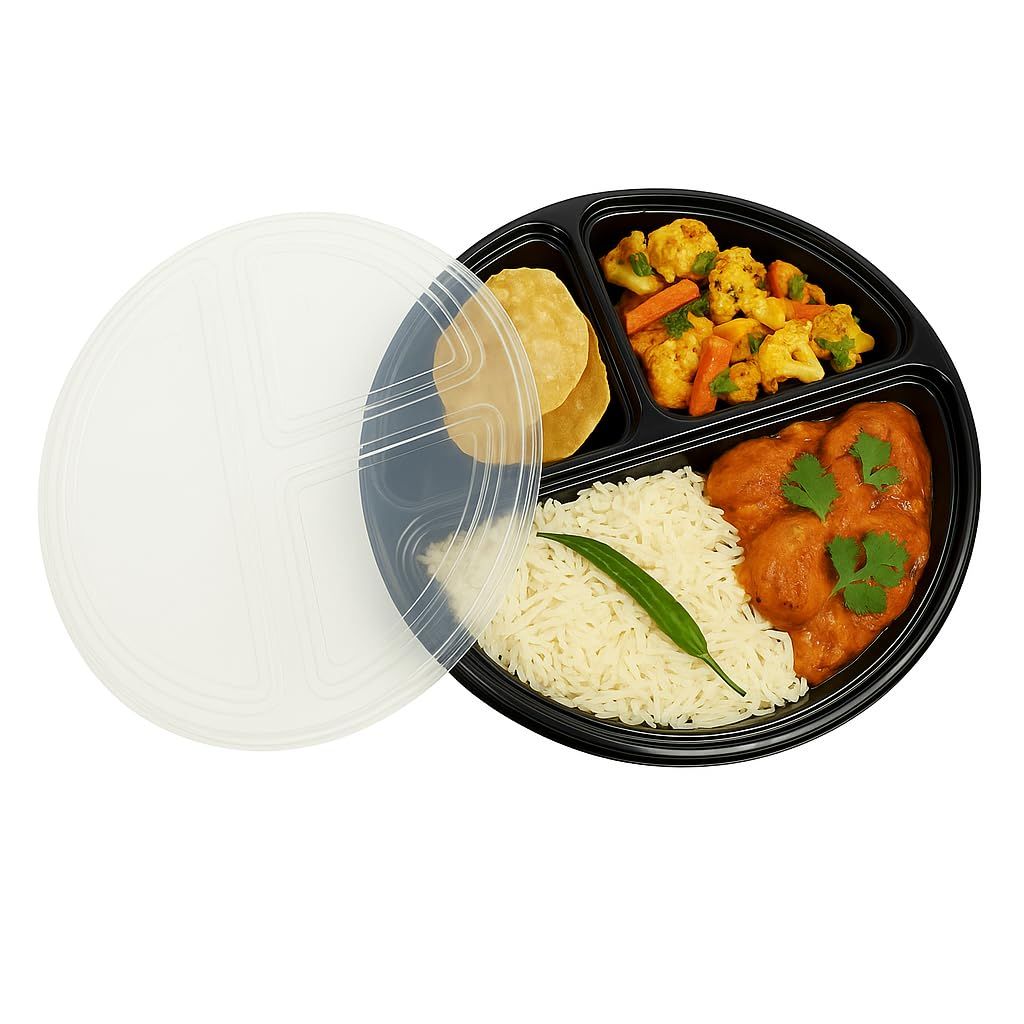 Divatos 3CP Meal Tray with LID Black | Microwave & Fridge Safe | Reusable 3 Compartment Plates for Dinner Lunch | BPA Free Food Grade | Restaurants & Cloud Kitcken Food Delivery (Set of 25) view 2