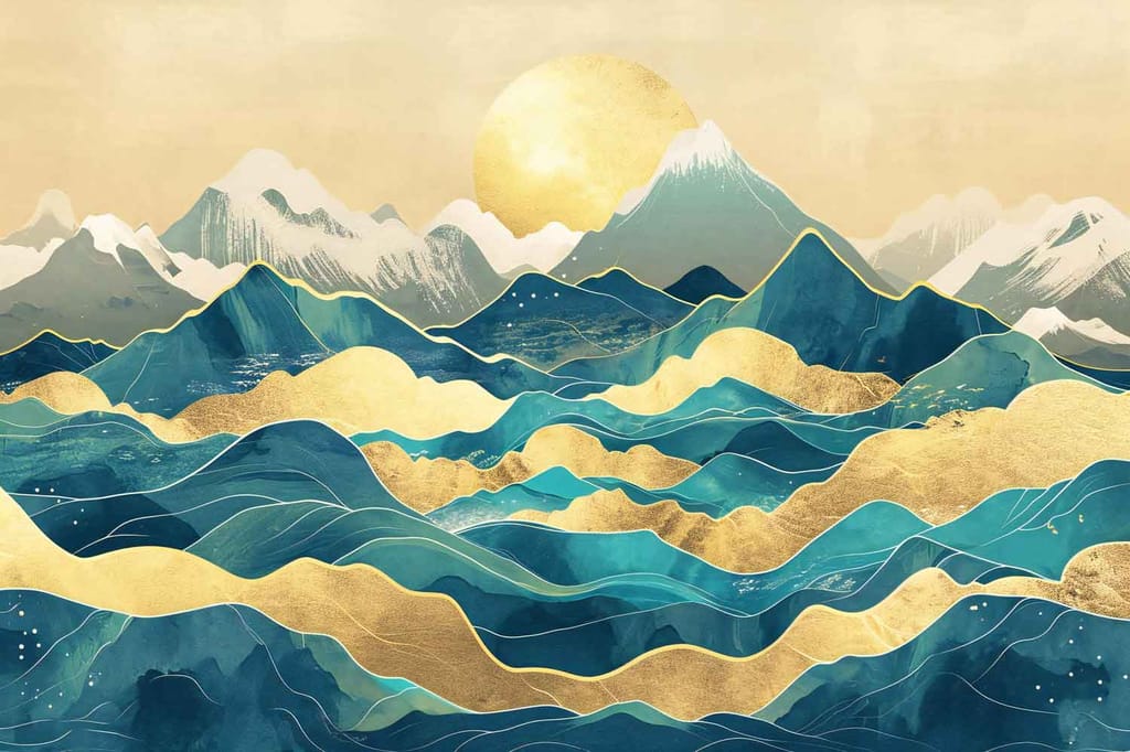 ABSTRACT GOLDEN MOUNTAIN PAINTINGS 24in X 16in WITH BLACK FRAME view 2