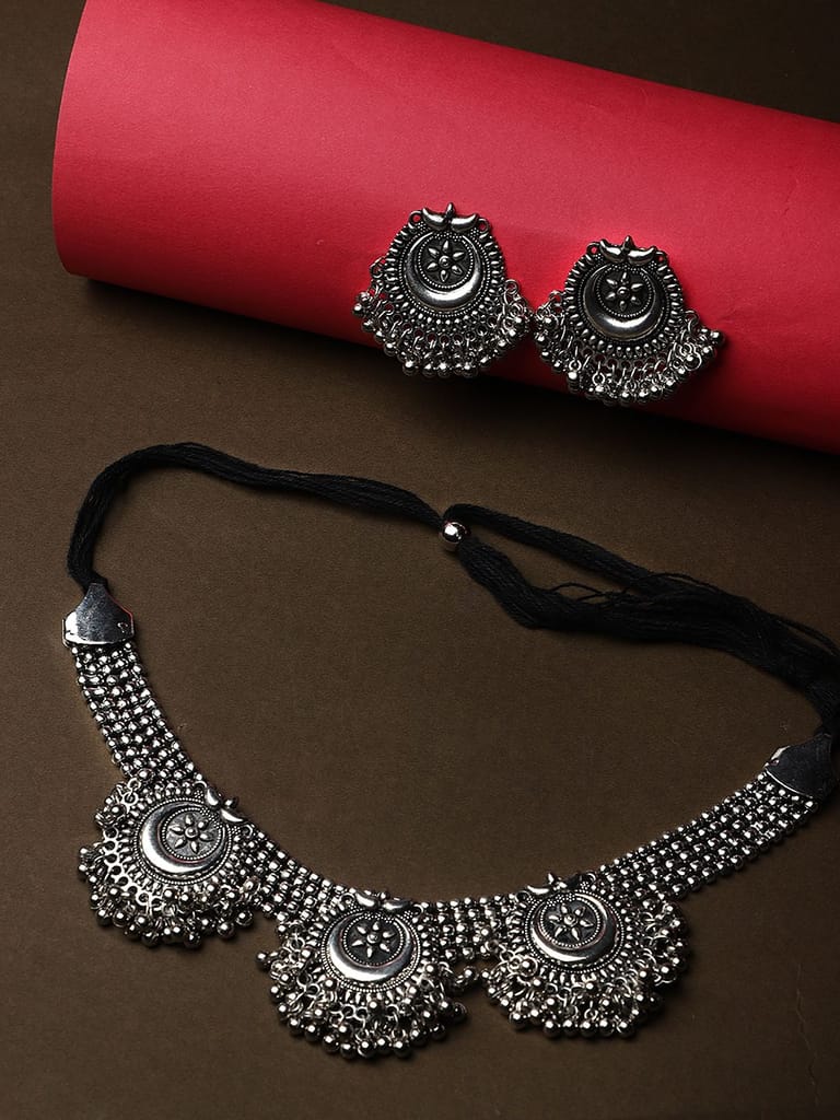 Cardinal Oxidized Silver Color Choker Necklace Set view 2