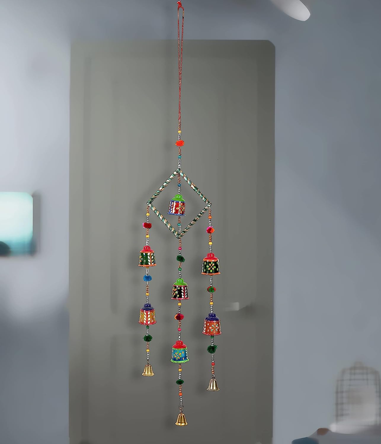 DreamKraft Handcrafted Paper Mache Bells Design Wood Windchime (57 cm, Multi) view 2