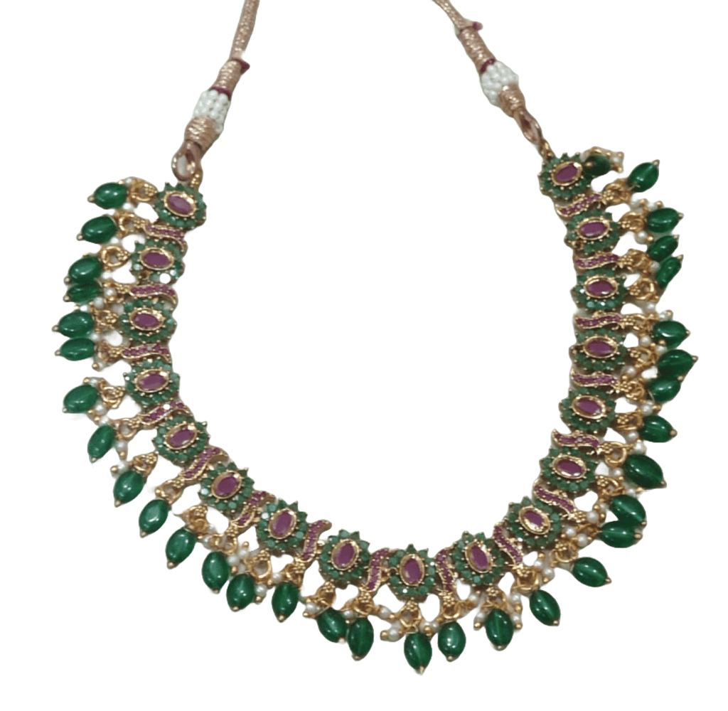 Gold-plated Kundan and Pearl Necklace Set with Green Beads view 2