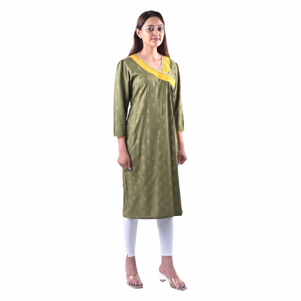 Cotton Rayon Mix Fabric Block Printed Straight Kurta with Side Slit Green Women's view 2